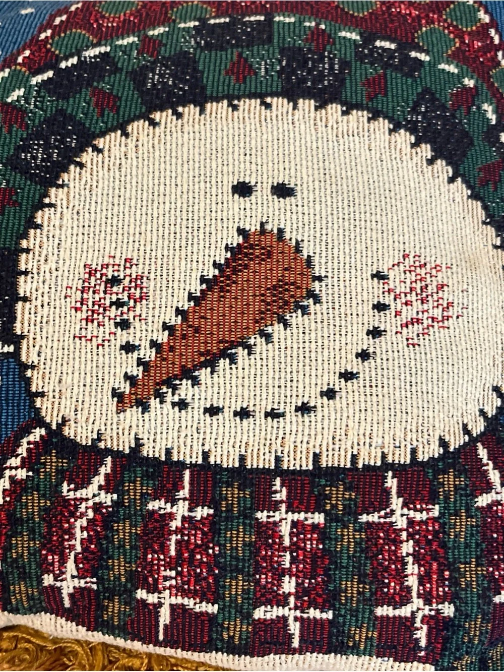 Vintage Tapestry Festive Pillow Snowman Gold Fringe Edging Christmas 17x12 EUC